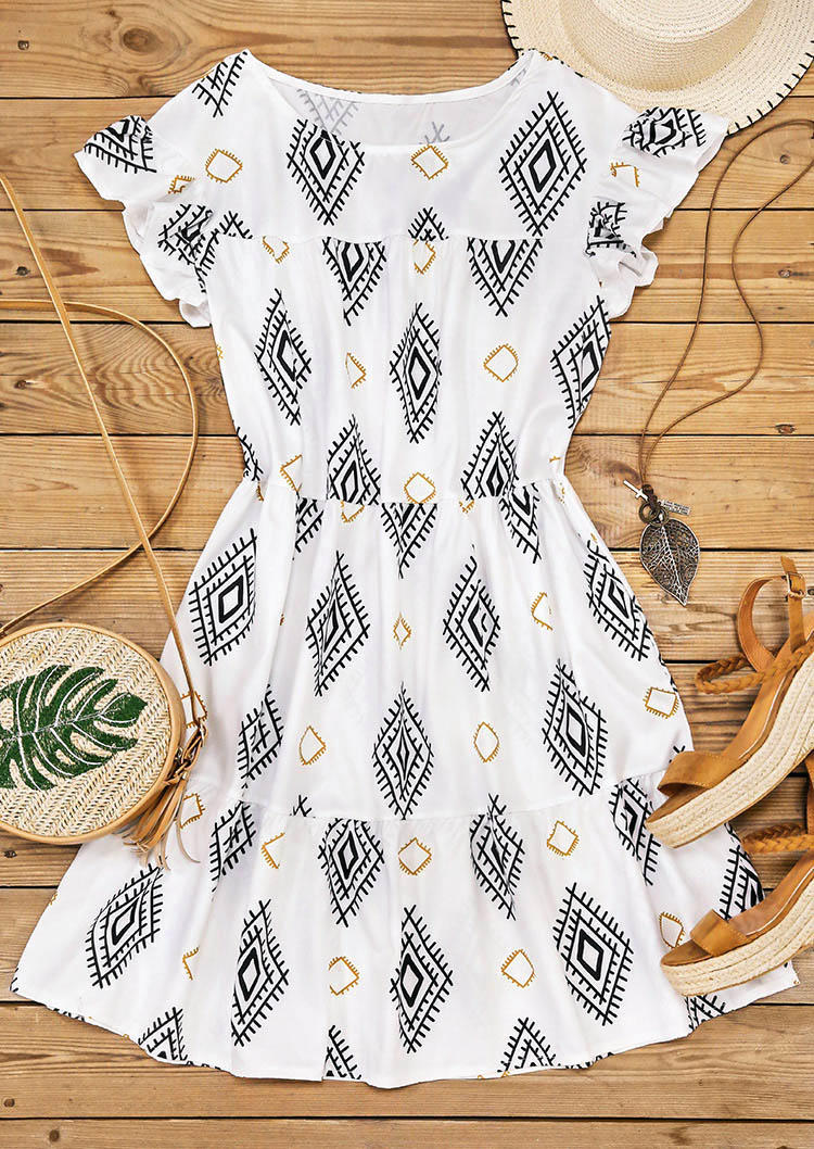 

Mini Dresses Geometric Ruffled O-Neck Mini Dress in White. Size