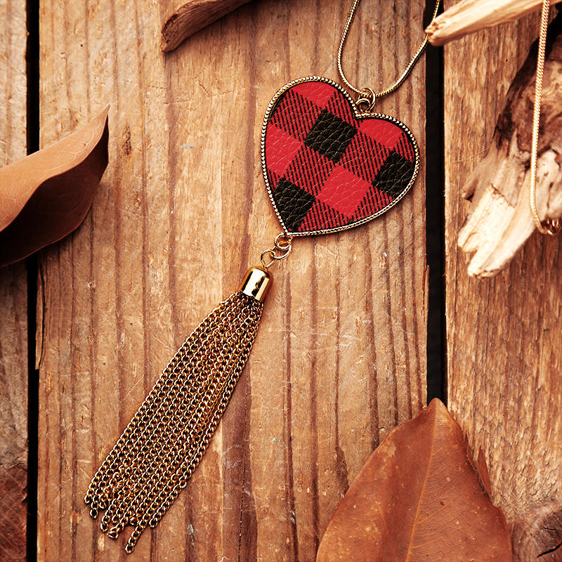 

Necklaces Valentine Plaid Heart Sweater Chain Necklace in Red. Size