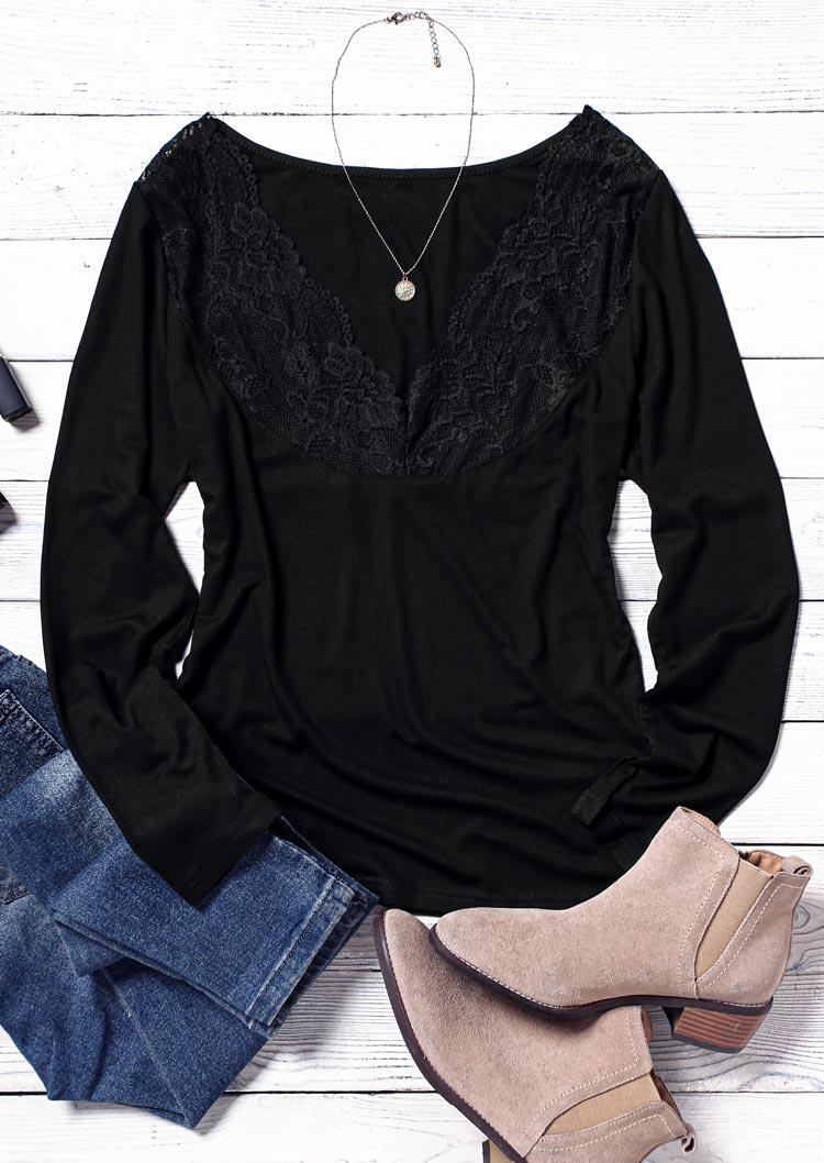 

Blouses Lace Splicing V-Neck Long Sleeve Blouse in Black. Size