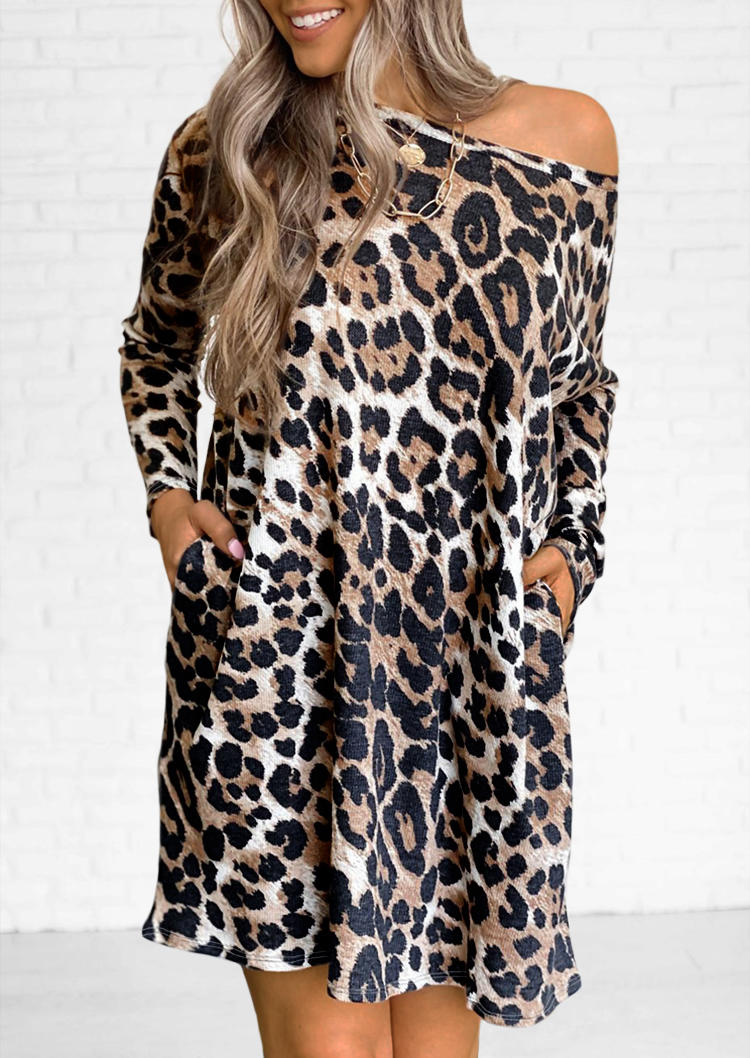 

Mini Dresses Leopard Pocket Long Sleeve Mini Dress in Leopard. Size