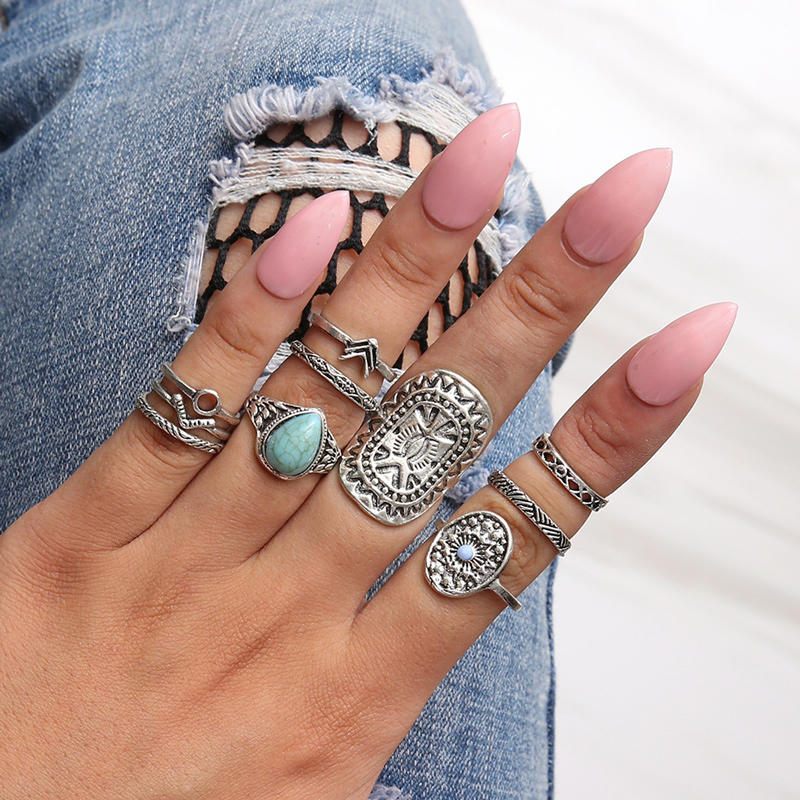 

Rings 10Pcs Turquoise Hollow Out Floral Rings Set in Silver. Size