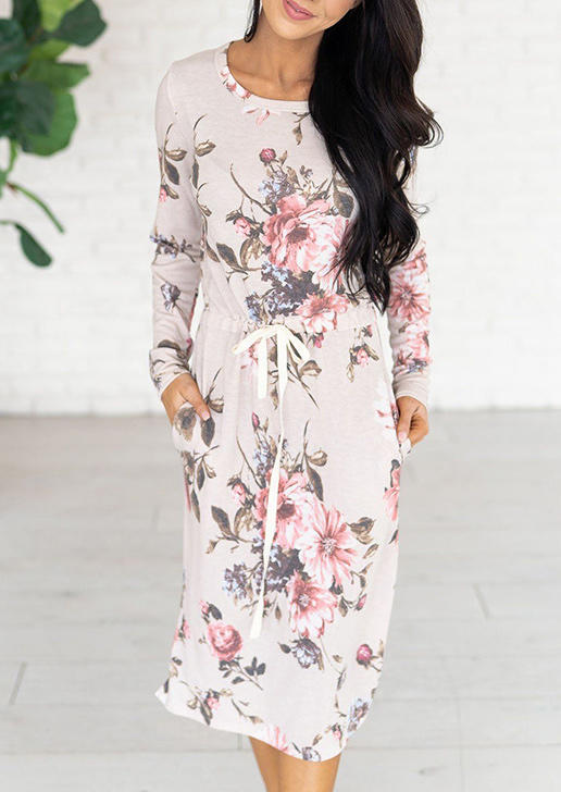 

Casual Dresses Floral Drawstring Pocket Slit Casual Dress in White. Size
