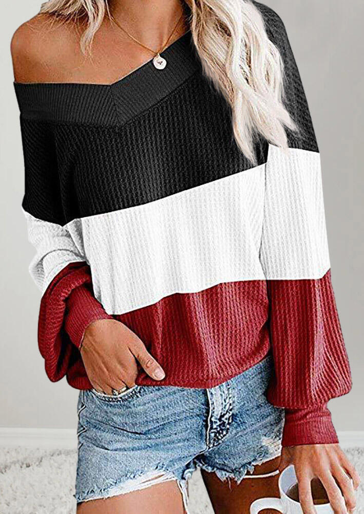 

Blouses Color Block Long Sleeve V-Neck Blouse in Multicolor. Size