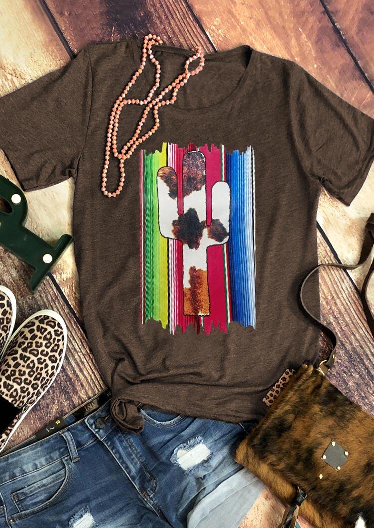 

T-shirts Tees Western Cow Cactus Serape Striped T-Shirt Tee in Coffee. Size