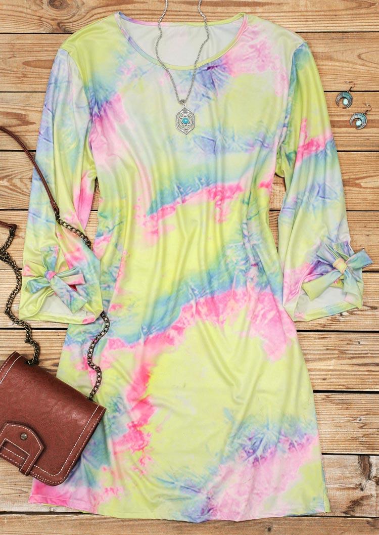 

Mini Dresses Tie Dye Tie O-Neck Three Quarter Sleeve Mini Dress in Multicolor. Size