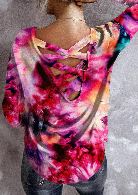 

Blouses Tie Dye Criss-Cross Open Back Long Sleeve Blouse in Multicolor. Size: S,M,,XL
