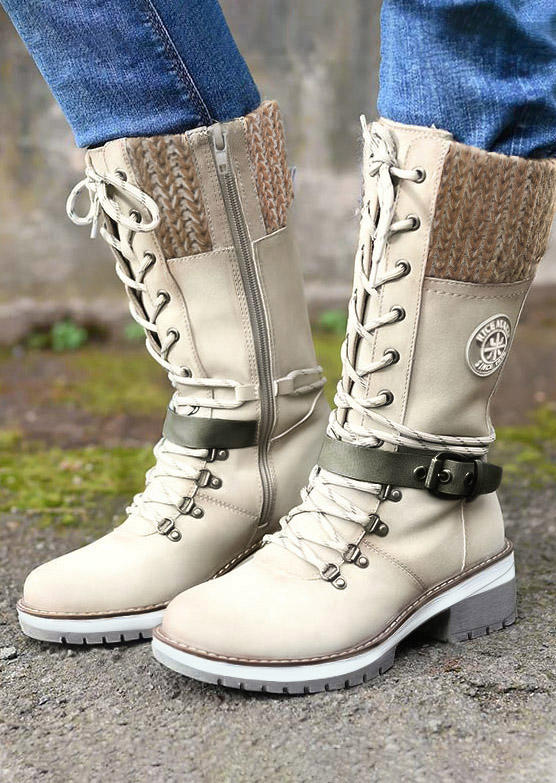 

Boots Buckle Strap Lace Up Knitted Zipper Mid-Calf Boots in Beige. Size: ,38,39,40,41