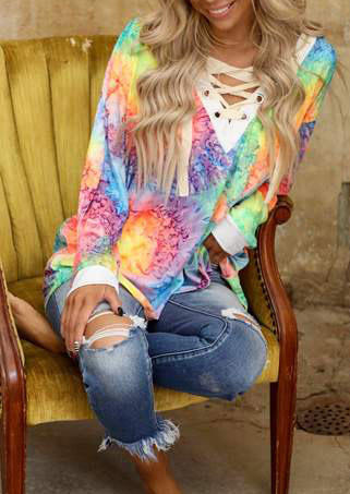 

Sweatshirts Tie Dye Lace Up V-Neck Long Sleeve Sweatshirt in Multicolor. Size