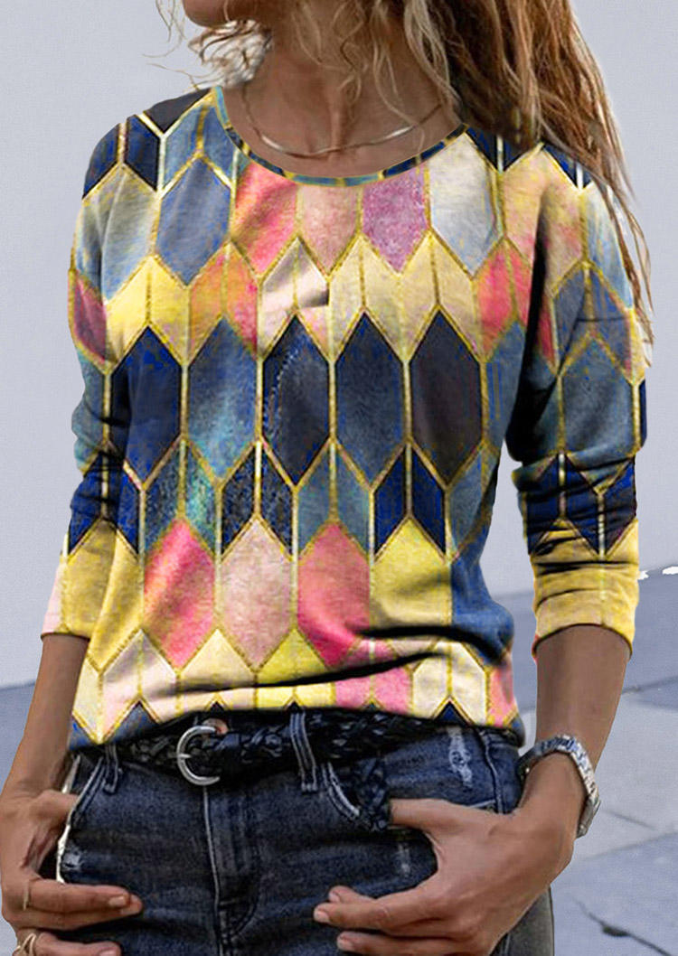 

Blouses Colorful Geometric O-Neck Long Sleeve Blouse in Multicolor. Size