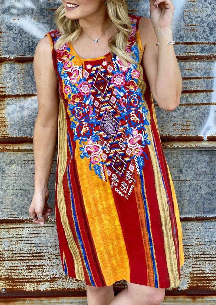 Colorful Striped Floral Geometric Ethnic Style Mini Dress