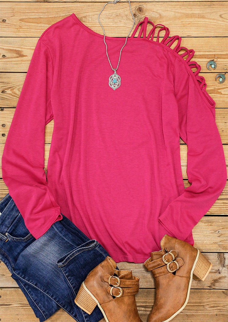 

Blouses Criss-Cross Slash Neck Long Sleeve Blouse in Rose Red. Size