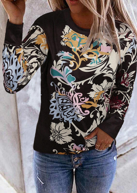 

Blouses Floral O-Neck Long Sleeve Blouse in Black. Size: ,L