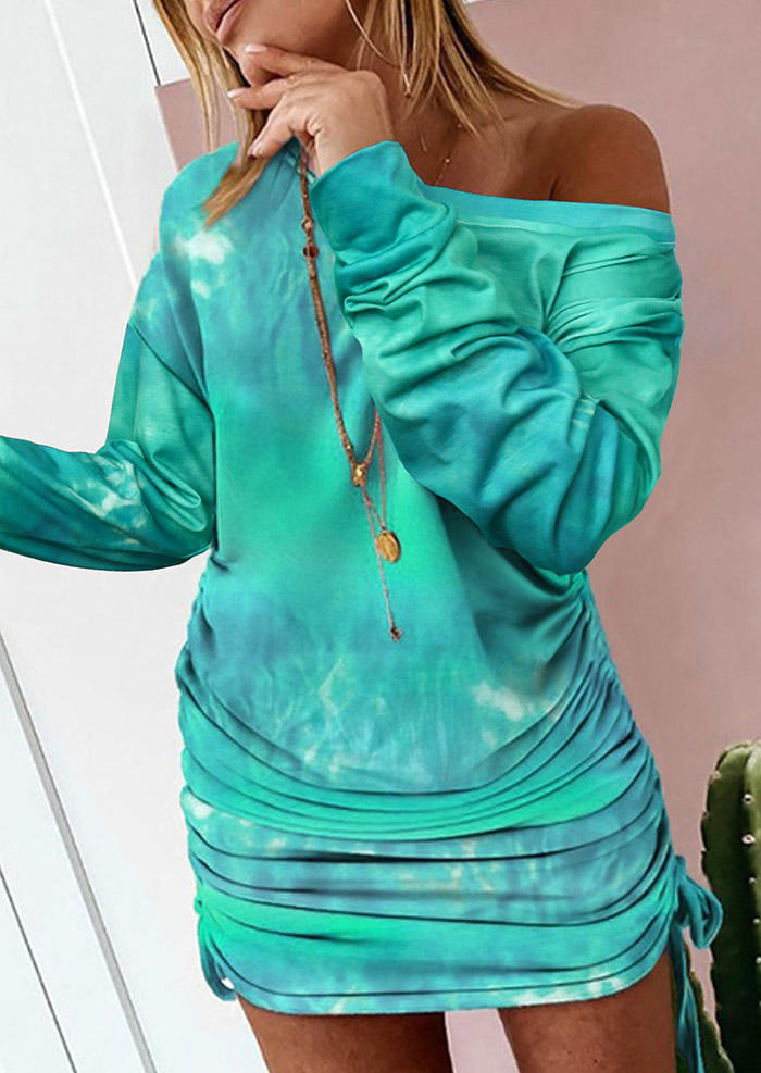 

Mini Dresses Tie Dye Drawstring Ruched Drop Shoulder Mini Dress in Cyan. Size