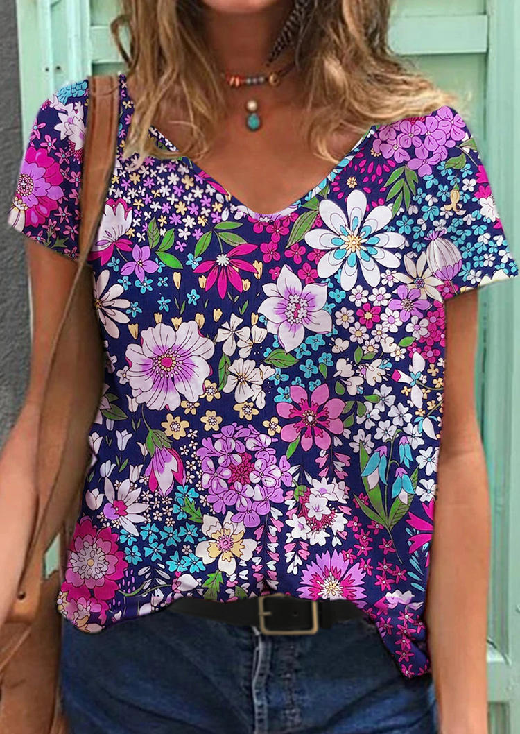 

Blouses Colorful Floral V-Neck Blouse in Multicolor. Size