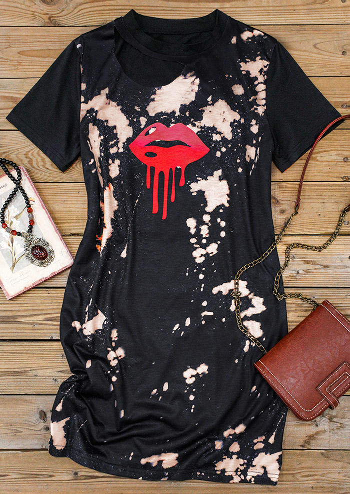 

Mini Dresses Hollow Out Lips Bleached Mini Dress in Black. Size: ,M,L