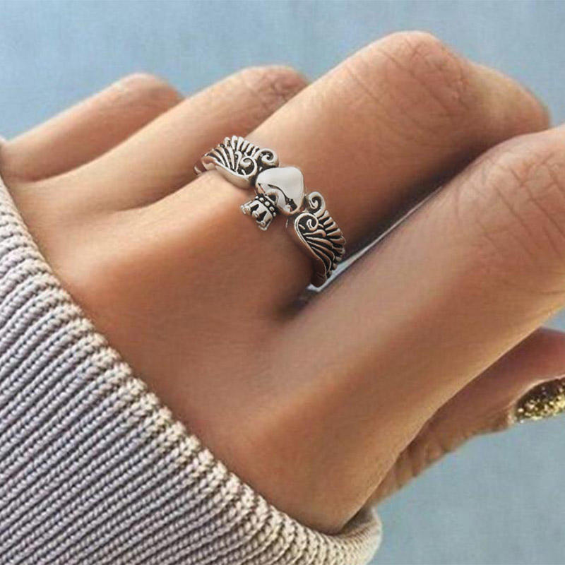 

Rings Valentine Angel Wing Heart Open Adjustable Ring in Silver. Size