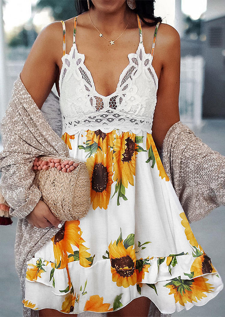Sunflower Lace Splicing Ruffled Spaghetti Strap Mini Dress - White