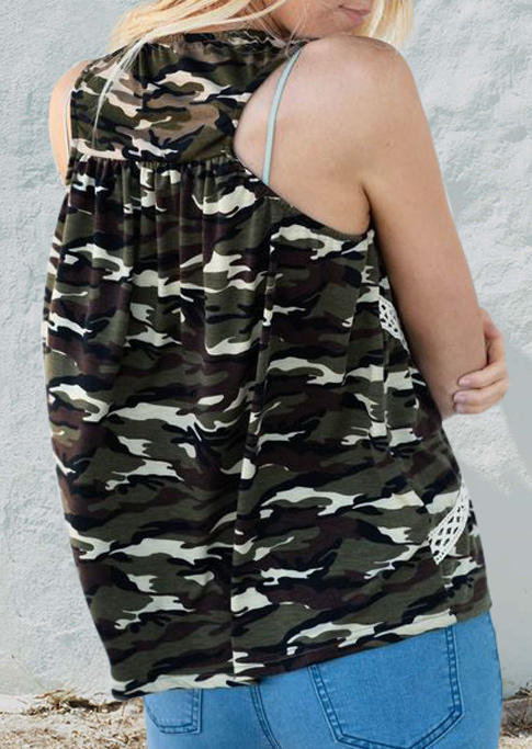 Tank Tops Camouflage Lace Splicing Ruffled Tank Top in Multicolor. Size: L,M,S,XL