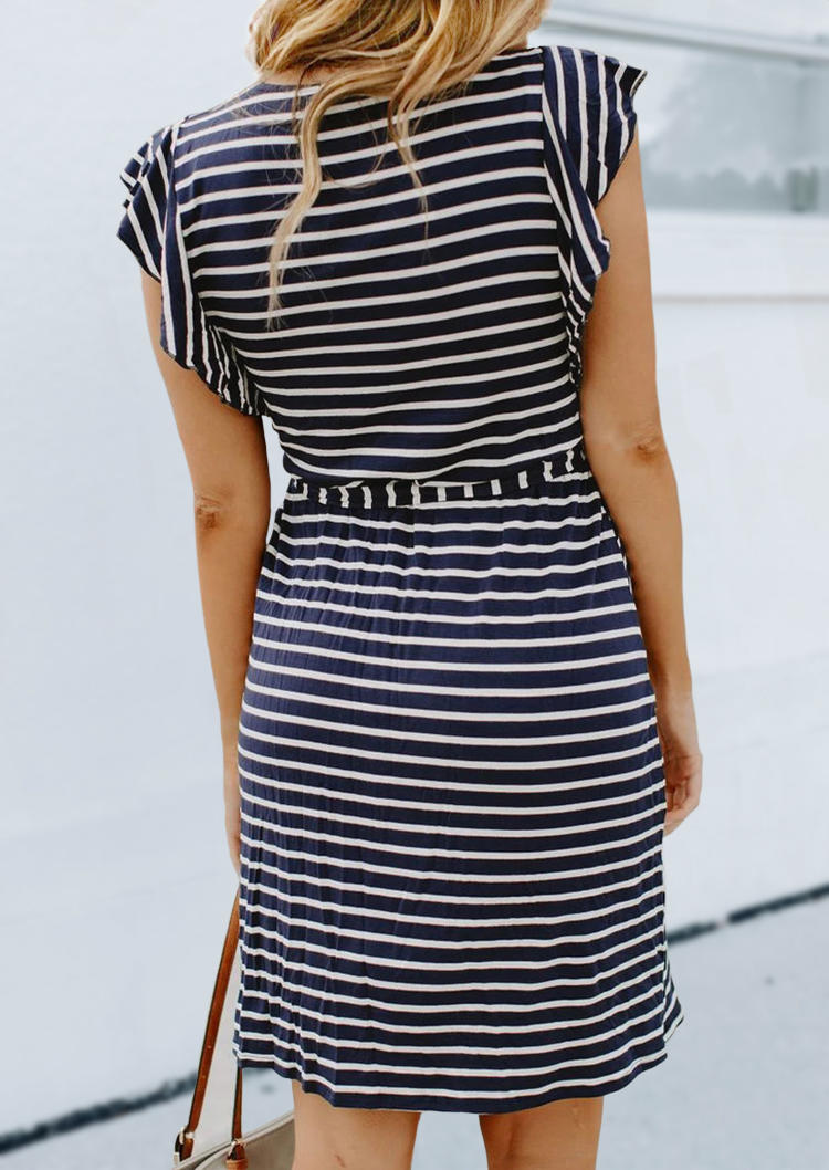 

Mini Dresses Striped Ruffled Cap Sleeve Mini Dress with Belt in Stripe. Size: ,M,L
