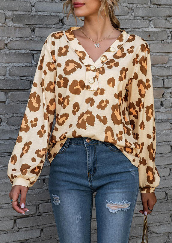

Blouses Leopard Button V-Neck Long Sleeve Blouse in Light Yellow. Size