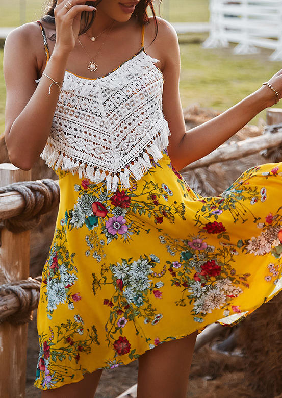 

Floral Lace Splicing Hollow Out Open Back Mini Dress - Yellow, 496258