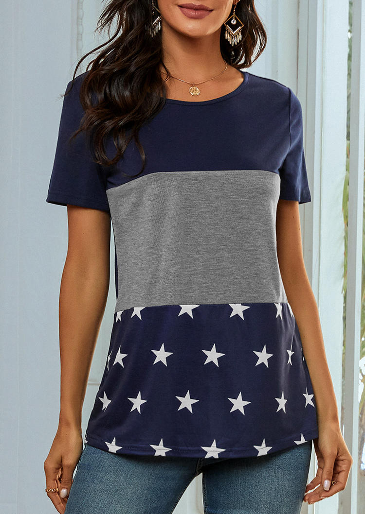 

Blouses Color Block Star O-Neck Blouse in Navy Blue. Size