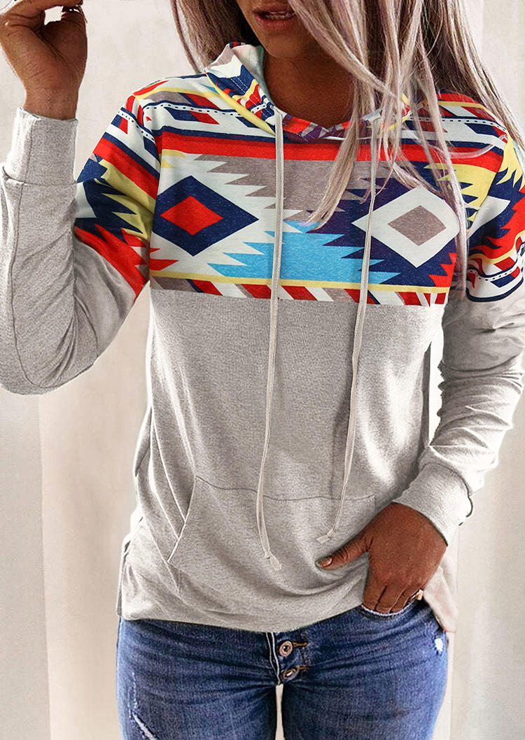

Hoodies Aztec Geometric Drawstring Kangaroo Pocket Hoodie in Gray. Size