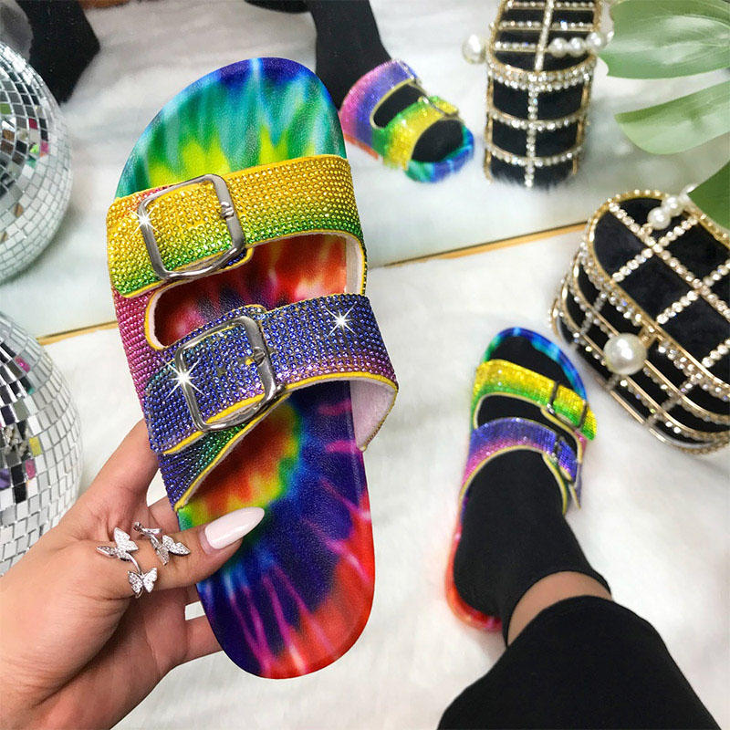 

Slippers Tie Dye Glitter Rhinestone Buckle Flat Slippers in Multicolor. Size