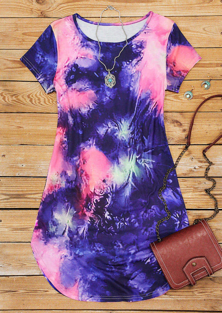 

Mini Dresses Tie Dye O-Neck Asymmetric Mini Dress in Multicolor. Size: ,L