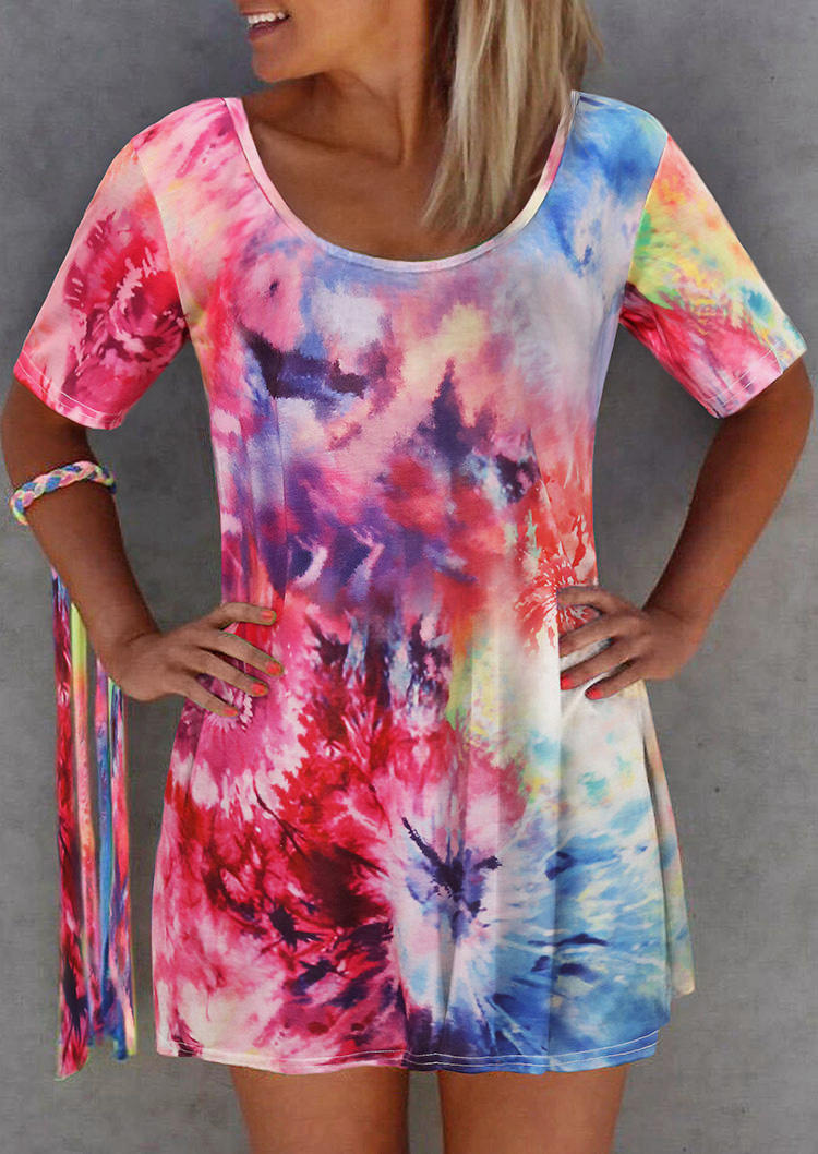 

Mini Dresses Tie Dye Short Sleeve O-Neck Mini Dress without String in Multicolor. Size: ,M,L