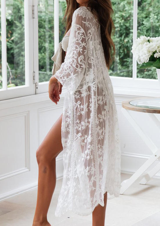 

Cover Ups Lace Three Quarter Sleeve Long Cover Up in White. Size