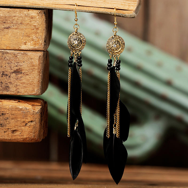 

Earrings Vintage Beading Tassel Feather Dangle Earrings in Black. Size