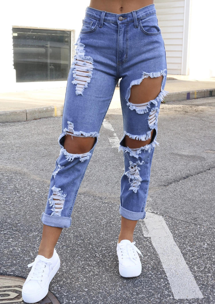 

Pants Ripped Hole Distressed High Waist Denim Jeans in Deep Blue. Size
