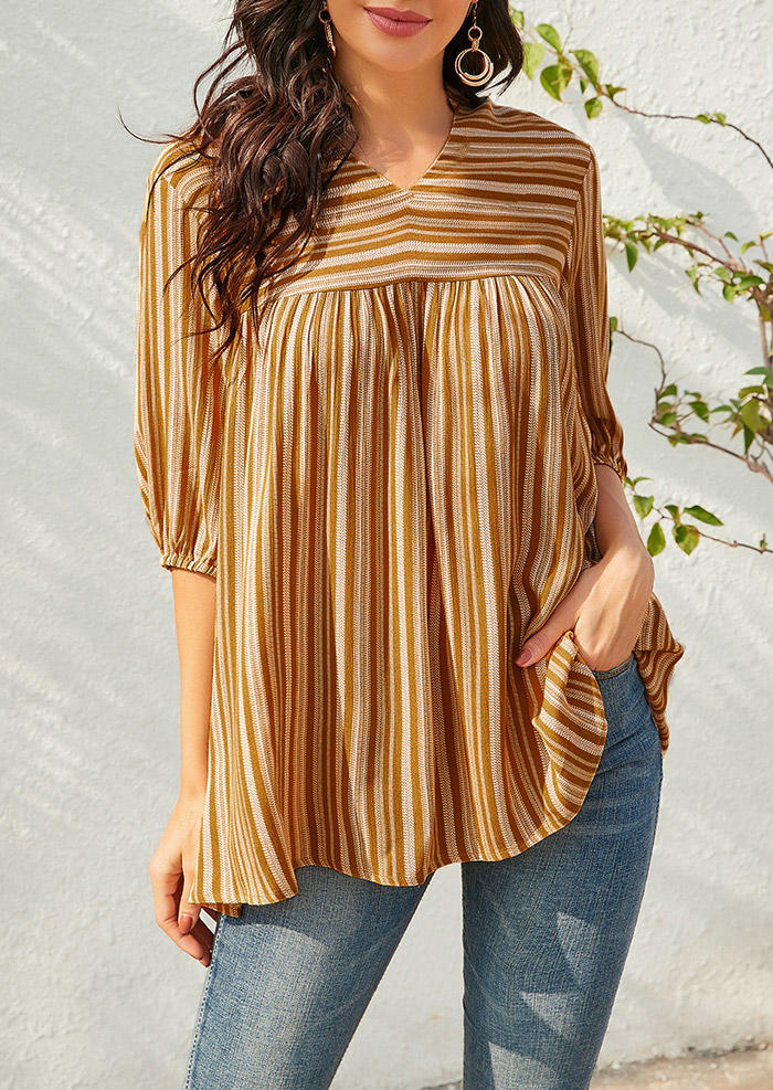 

Blouses Bohemian Striped Ruffled Elastic Cuff Blouse in Yellow. Size