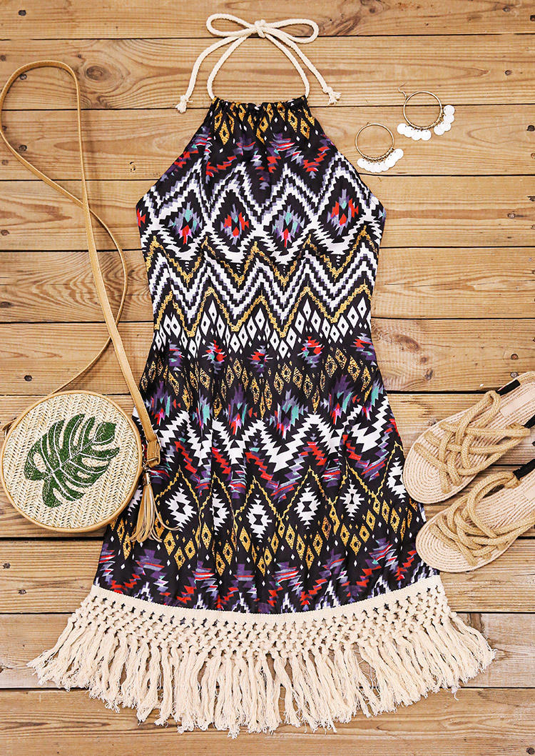 Mini Dresses Aztec Geometric Open Back Halter Tassel Edge Mini Dress in Multicolor. Size: M,L