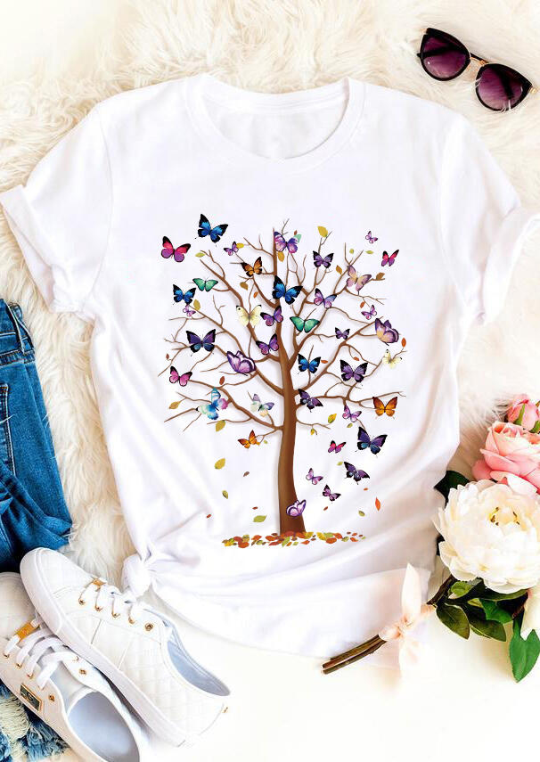 

T-shirts Tees Butterfly Tree O-Neck T-Shirt Tee in White. Size: ,M