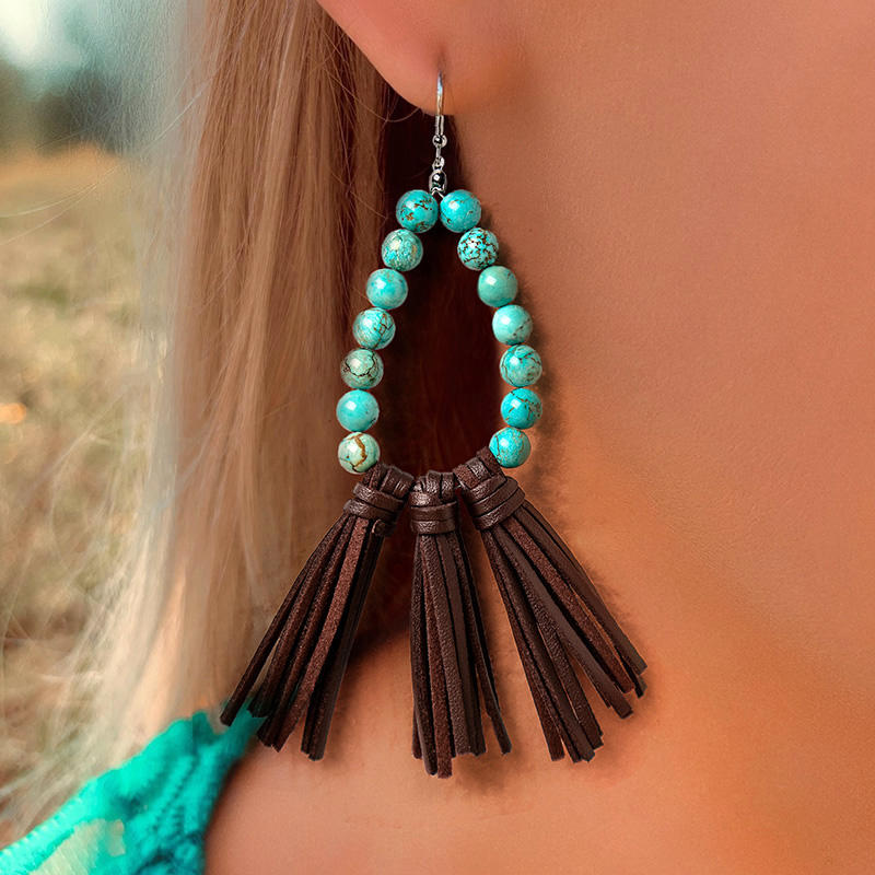 

Earrings Turquoise Tassel Beading Pendant Earrings in Lake Blue. Size