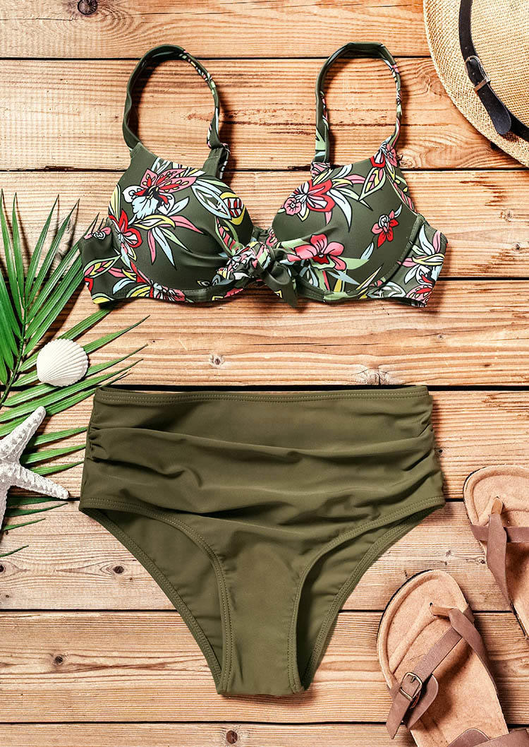 

Bikini Sets Floral Ruffled Adjustable Strap Bikini Set in Army Green. Size