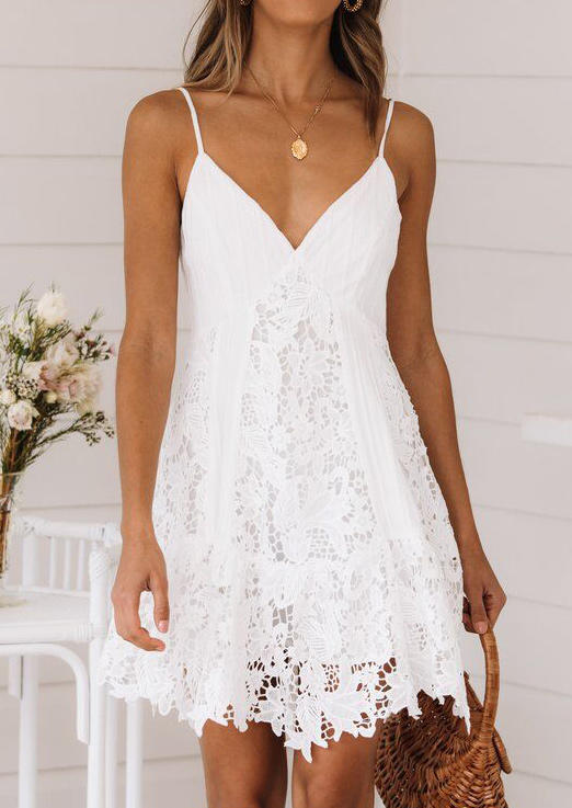 

Mini Dresses Lace Splicing V-Neck Adjustable Strap Zipper Mini Dress in White. Size