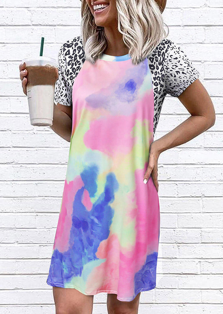 

Mini Dresses Tie Dye Leopard Splicing O-Neck Mini Dress in Multicolor. Size: ,M