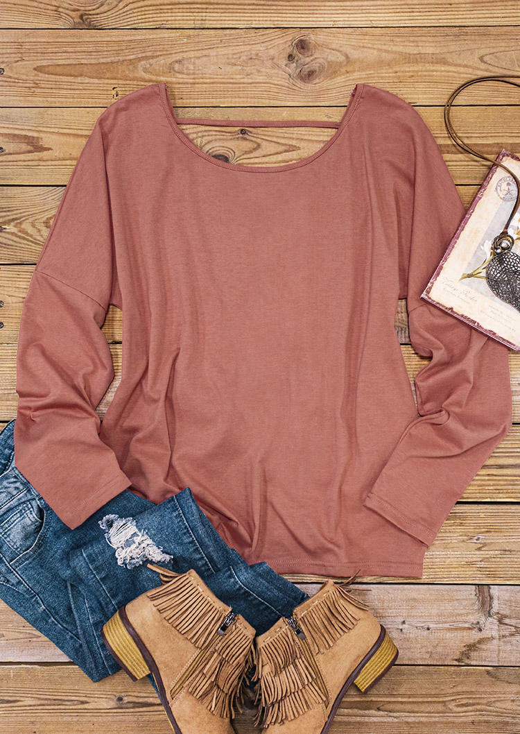 Open Back Drawstring Long Sleeve Blouse - Cameo Brown