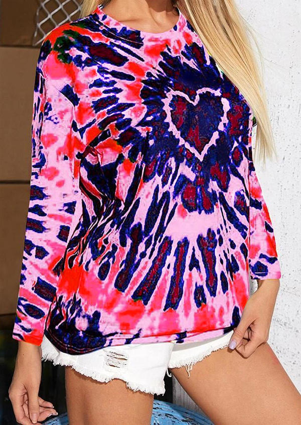 

Blouses Tie Dye Heart O-Neck Long Sleeve Blouse in Pink. Size