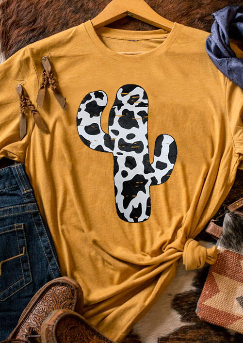 

T-shirts Tees Western Cow Cactus O-Neck T-Shirt Tee in Yellow. Size