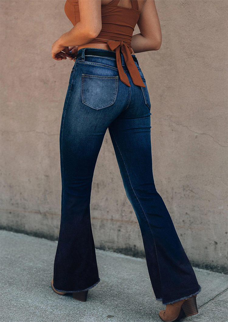 

Pants Ripped Hole Button Flare Denim Jeans in Deep Blue. Size