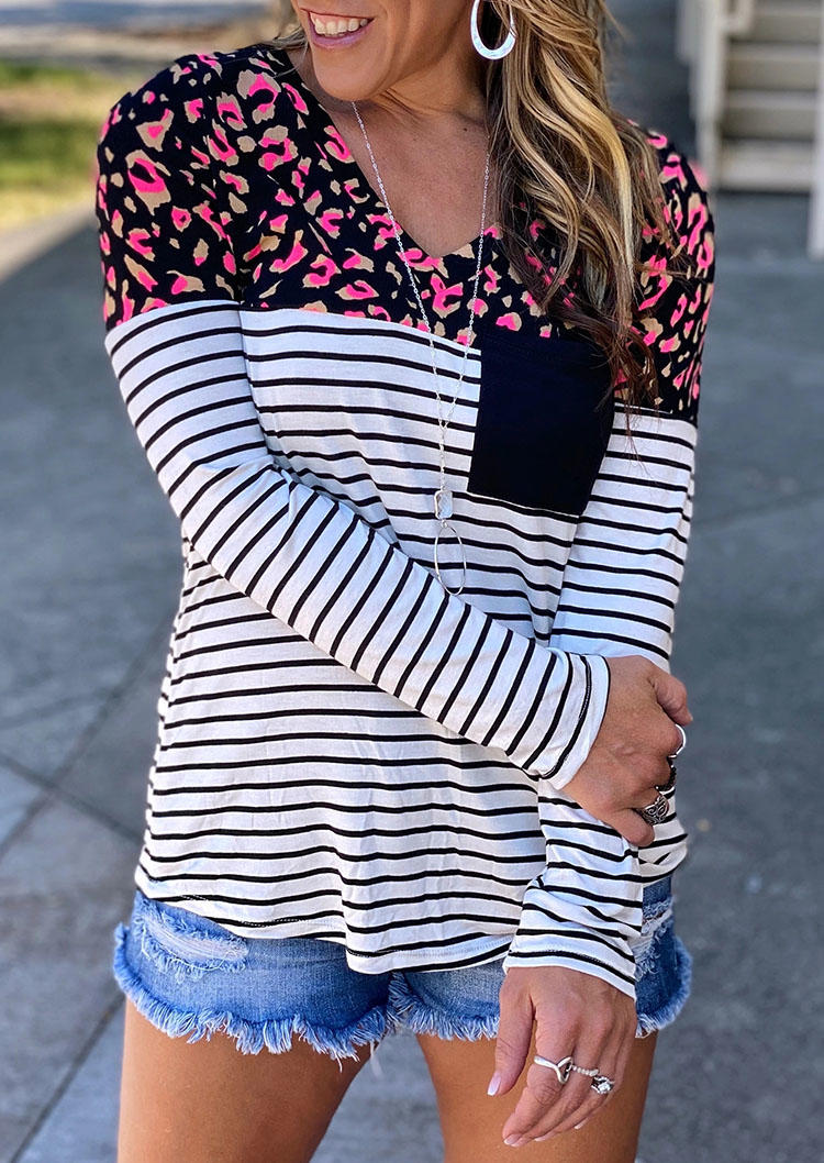 

Blouses Leopard Striped Pocket Long Sleeve Blouse in Stripe. Size