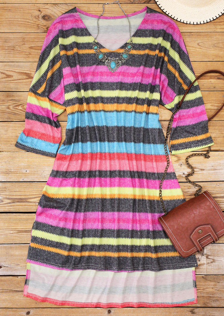 

Mini Dresses Colorful Striped Asymmetric Drop Shoulder Mini Dress in Stripe. Size