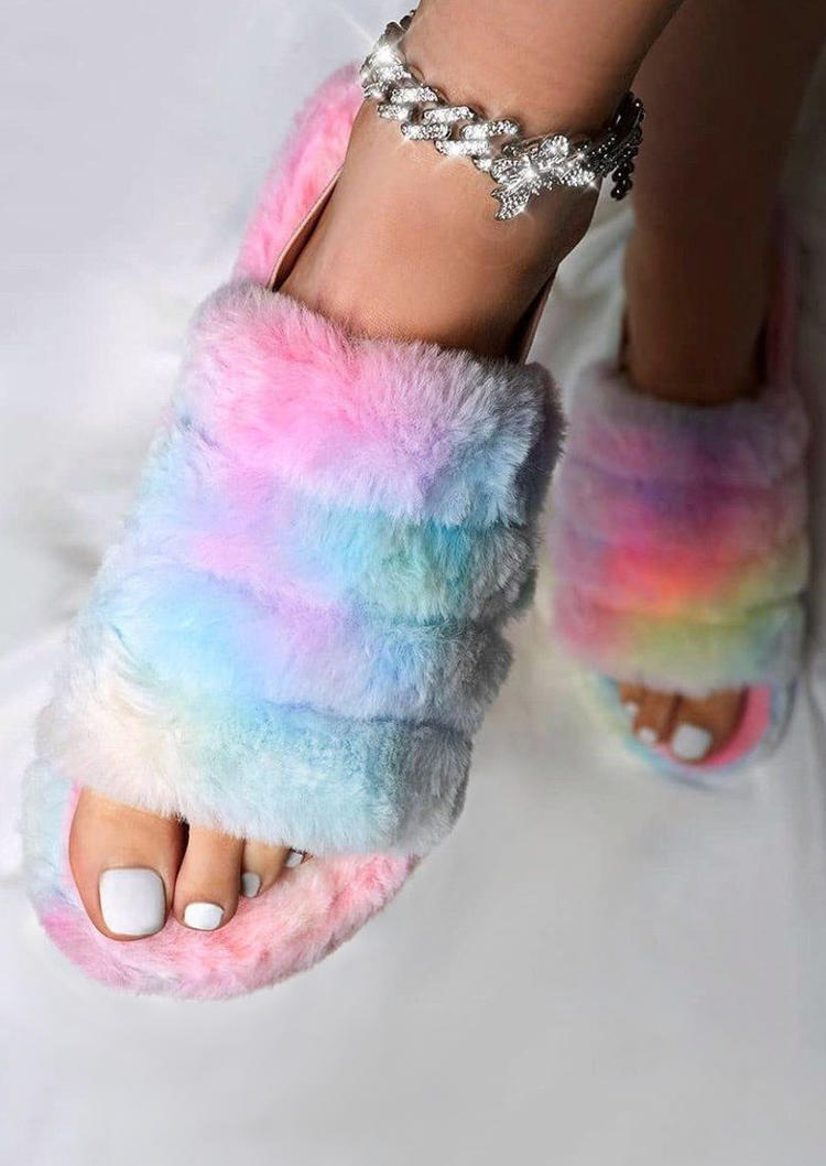 

Slippers Tie Dye Warm Plush Open Toe Indoor Slippers in Multicolor. Size