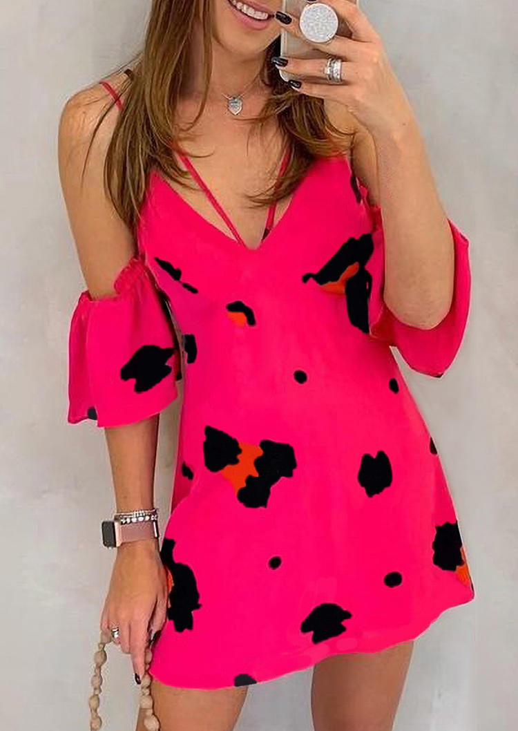 

Mini Dresses Leopard Ruffled Cold Shoulder V-Neck Mini Dress in Rose Red. Size