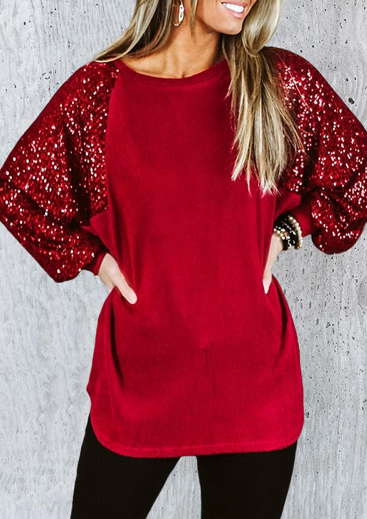 

Blouses Sequined Splicing Raglan Long Sleeve Blouse in Purple. Size