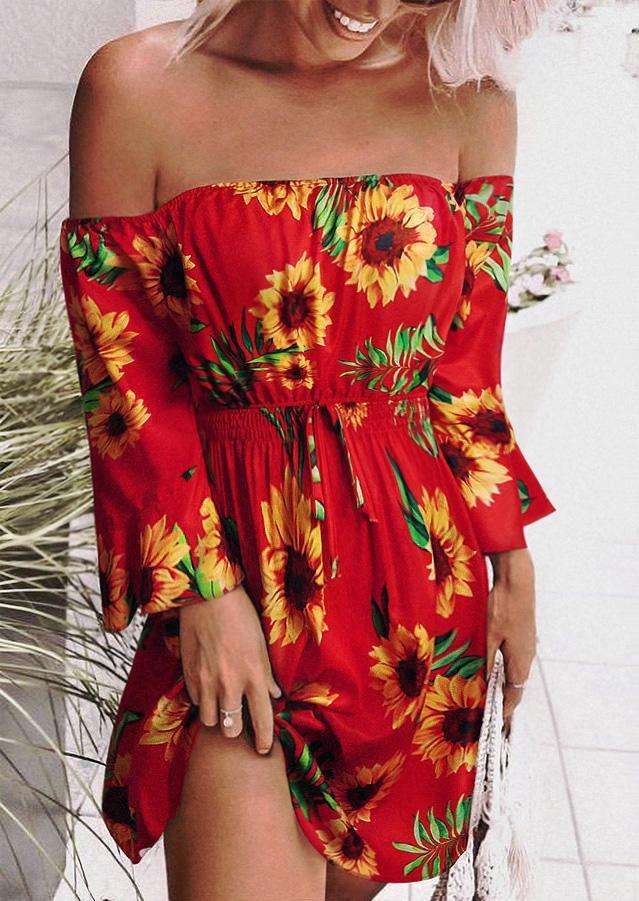 Mini Dresses Sunflower Leaf Elastic Waist Off Shoulder Mini Dress in Red. Size: L,M,S,XL